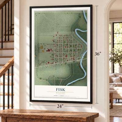 Fisk, Missouri map, 24 x 36 inch print in a black frame by a staircase