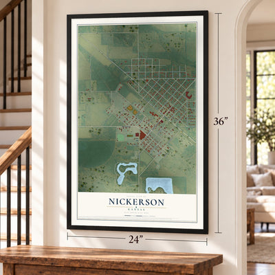 Nickerson, Kansas map, 24 x 36 inch print in a black frame by a staircase