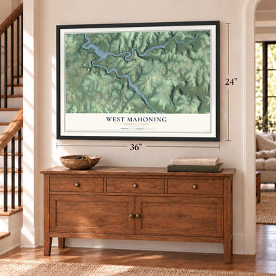 West Mahoning, Pennsylvania map, 24 x 36 inch print in a black frame above a dresser by a staircase