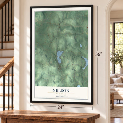 Nelson, New York map, 24 x 36 inch print in a black frame by a staircase