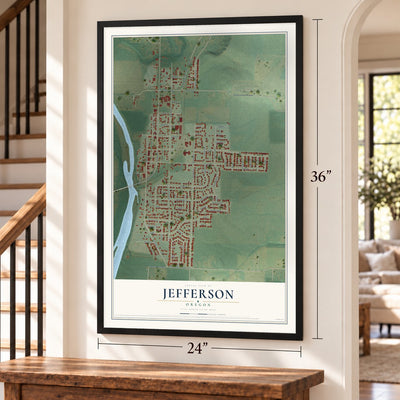 Jefferson, Oregon map, 24 x 36 inch print in a black frame by a staircase