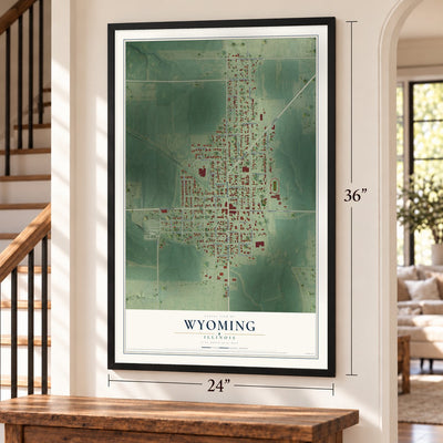 Wyoming, Illinois map, 24 x 36 inch print in a black frame by a staircase