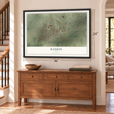 Rankin, Texas map, 24 x 36 inch print in a black frame above a dresser by a staircase