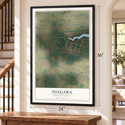 Niagara, North Dakota map, 24 x 36 inch print in a black frame by a staircase