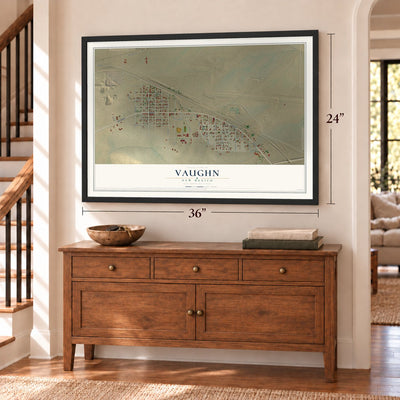 Vaughn, New Mexico map, 24 x 36 inch print in a black frame above a dresser by a staircase