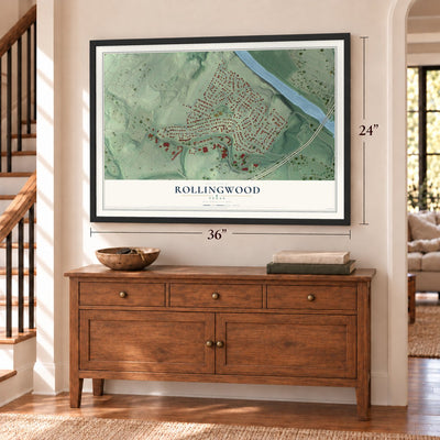 Rollingwood, Texas map, 24 x 36 inch print in a black frame above a dresser by a staircase