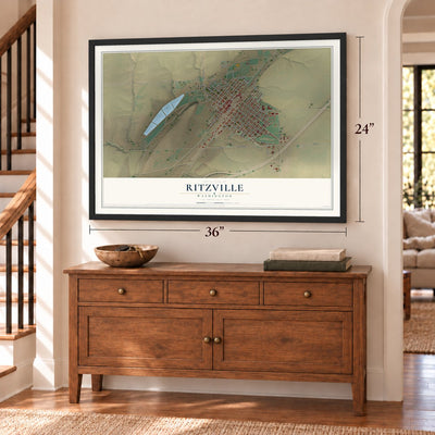 Ritzville, Washington map, 24 x 36 inch print in a black frame above a dresser by a staircase