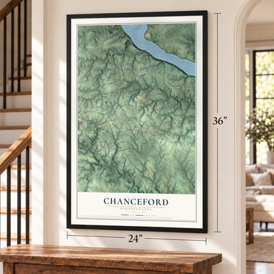 Chanceford, Pennsylvania map, 24 x 36 inch print in a black frame by a staircase