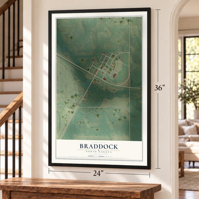 Braddock, North Dakota map, 24 x 36 inch print in a black frame by a staircase