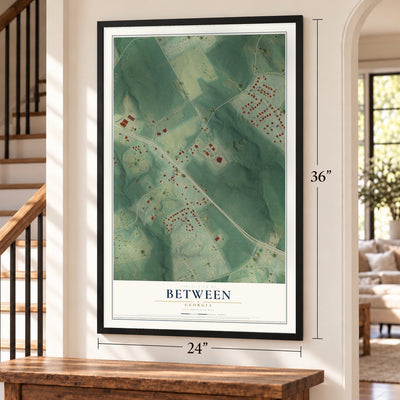 Between, Georgia map, 24 x 36 inch print in a black frame by a staircase