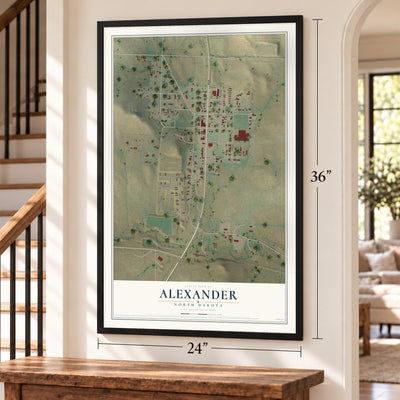 Alexander, North Dakota map, 24 x 36 inch print in a black frame by a staircase