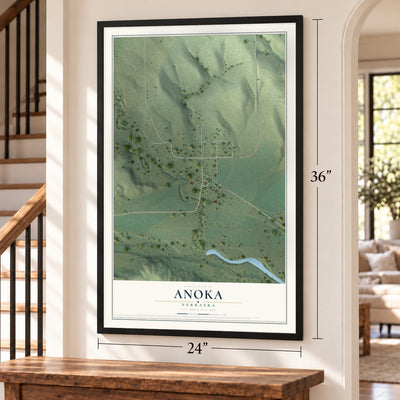 Anoka, Nebraska map, 24 x 36 inch print in a black frame by a staircase