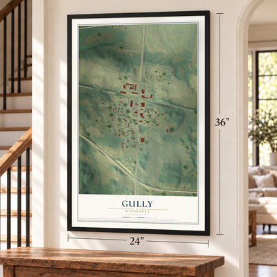 Gully, Minnesota map, 24 x 36 inch print in a black frame by a staircase