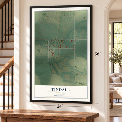 Tindall, Missouri map, 24 x 36 inch print in a black frame by a staircase