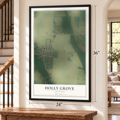 Holly Grove, Arkansas map, 24 x 36 inch print in a black frame by a staircase
