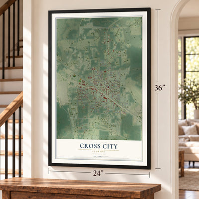 Cross City, Florida map, 24 x 36 inch print in a black frame by a staircase