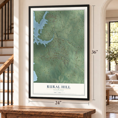 Rural Hill, Tennessee map, 24 x 36 inch print in a black frame by a staircase