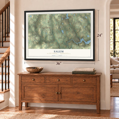 Salem, Wayne County, Pennsylvania map, 24 x 36 inch print in a black frame above a dresser by a staircase