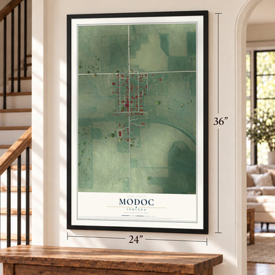 Modoc, Indiana map, 24 x 36 inch print in a black frame by a staircase