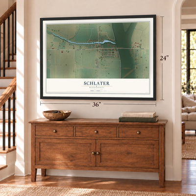 Schlater, Mississippi map, 24 x 36 inch print in a black frame above a dresser by a staircase