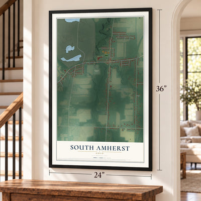 South Amherst, Ohio map, 24 x 36 inch print in a black frame by a staircase