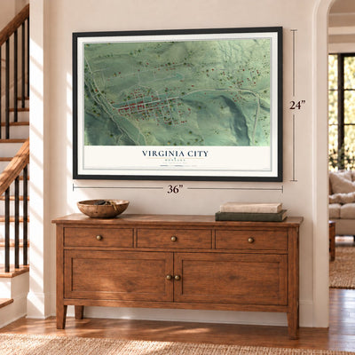 Virginia City, Montana map, 24 x 36 inch print in a black frame above a dresser by a staircase