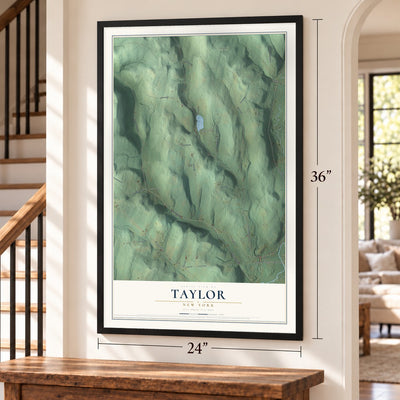 Taylor, New York map, 24 x 36 inch print in a black frame by a staircase