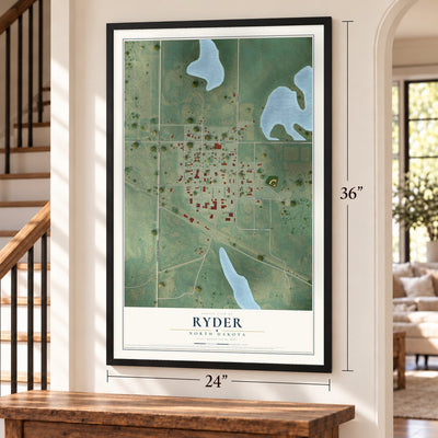 Ryder, North Dakota map, 24 x 36 inch print in a black frame by a staircase