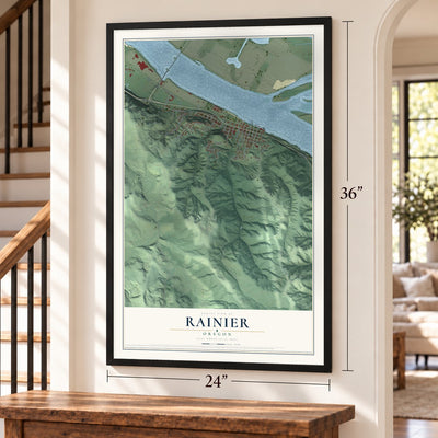 Rainier, Oregon map, 24 x 36 inch print in a black frame by a staircase