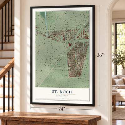St. Roch, Louisiana map, 24 x 36 inch print in a black frame by a staircase