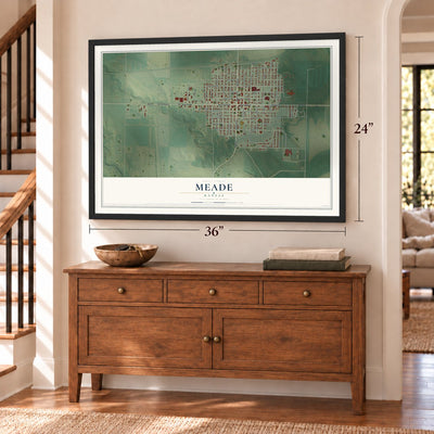 Meade, Kansas map, 24 x 36 inch print in a black frame above a dresser by a staircase