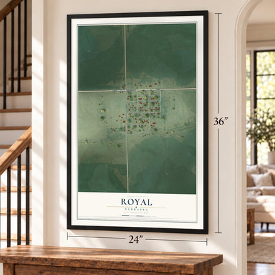 Royal, Nebraska map, 24 x 36 inch print in a black frame by a staircase