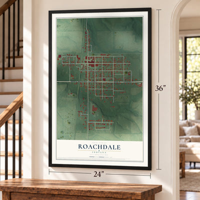 Roachdale, Indiana map, 24 x 36 inch print in a black frame by a staircase