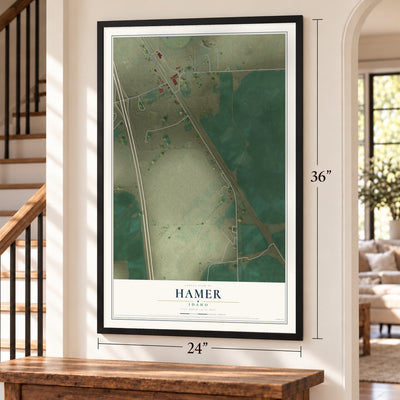 Hamer, Idaho map, 24 x 36 inch print in a black frame by a staircase