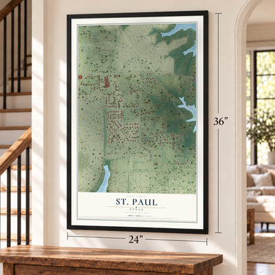 St. Paul, Texas map, 24 x 36 inch print in a black frame by a staircase