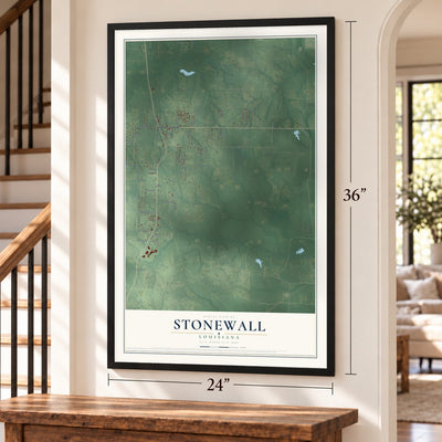 Stonewall, Louisiana map, 24 x 36 inch print in a black frame by a staircase