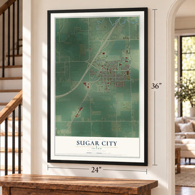 Sugar City, Idaho map, 24 x 36 inch print in a black frame by a staircase