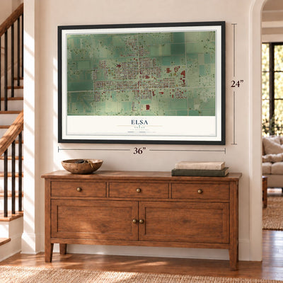 Elsa, Texas map, 24 x 36 inch print in a black frame above a dresser by a staircase