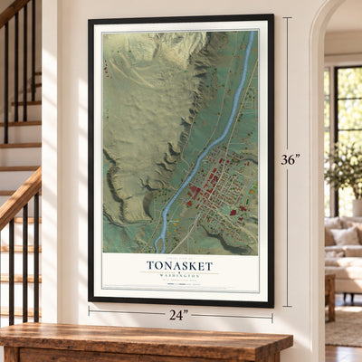 Tonasket, Washington map, 24 x 36 inch print in a black frame by a staircase