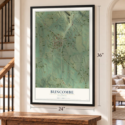 Buncombe, Illinois map, 24 x 36 inch print in a black frame by a staircase