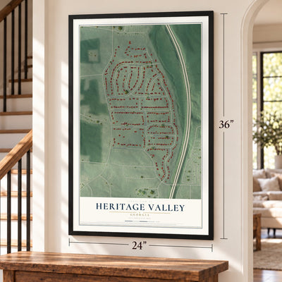 Heritage Valley, Georgia map, 24 x 36 inch print in a black frame by a staircase