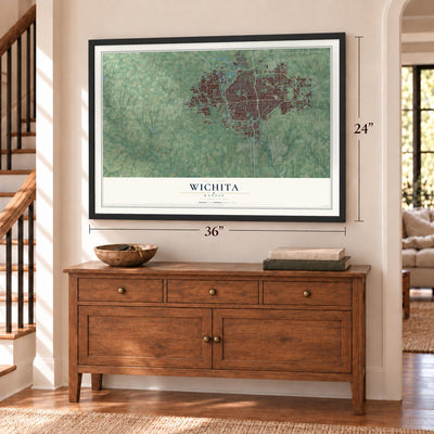 Wichita, Kansas map, 24 x 36 inch print in a black frame above a dresser by a staircase