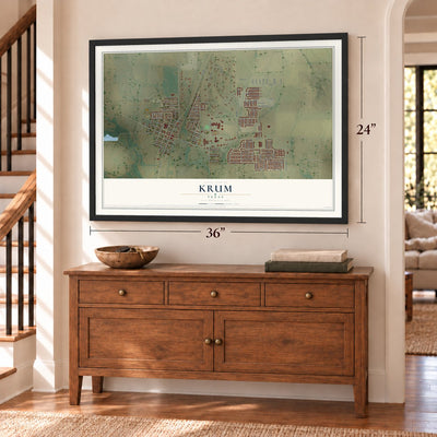 Krum, Texas map, 24 x 36 inch print in a black frame above a dresser by a staircase