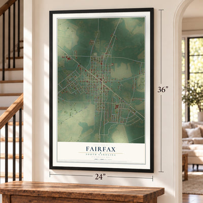Fairfax, South Carolina map, 24 x 36 inch print in a black frame by a staircase