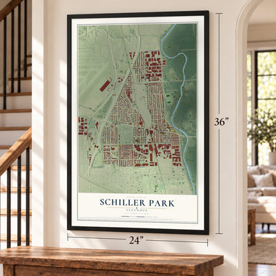 Schiller Park, Illinois map, 24 x 36 inch print in a black frame by a staircase