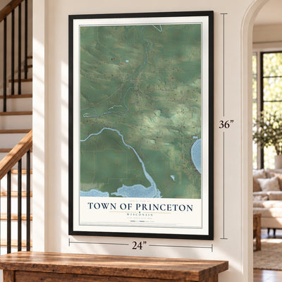 Town of Princeton, Wisconsin map, 24 x 36 inch print in a black frame by a staircase