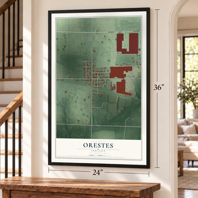 Orestes, Indiana map, 24 x 36 inch print in a black frame by a staircase