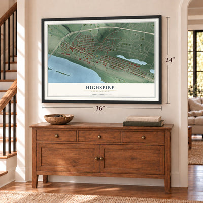 Highspire, Pennsylvania map, 24 x 36 inch print in a black frame above a dresser by a staircase