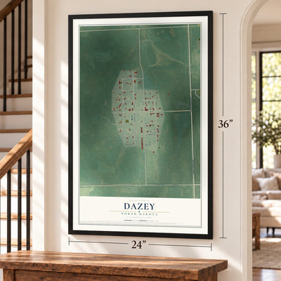 Dazey, North Dakota map, 24 x 36 inch print in a black frame by a staircase