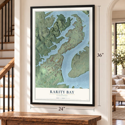 Rarity Bay, Tennessee map, 24 x 36 inch print in a black frame by a staircase